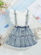 Girls' Summer Chic Casual Outfit, Pleated Lace Edge Sleeveless Top + Denim Suspender Skirt Set